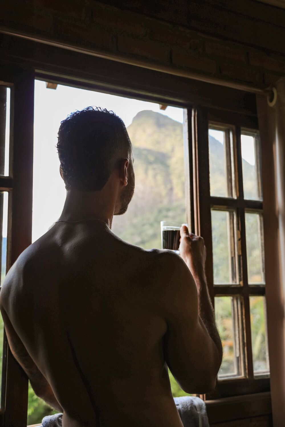 De costas na janela, a montanha atrás do vidro